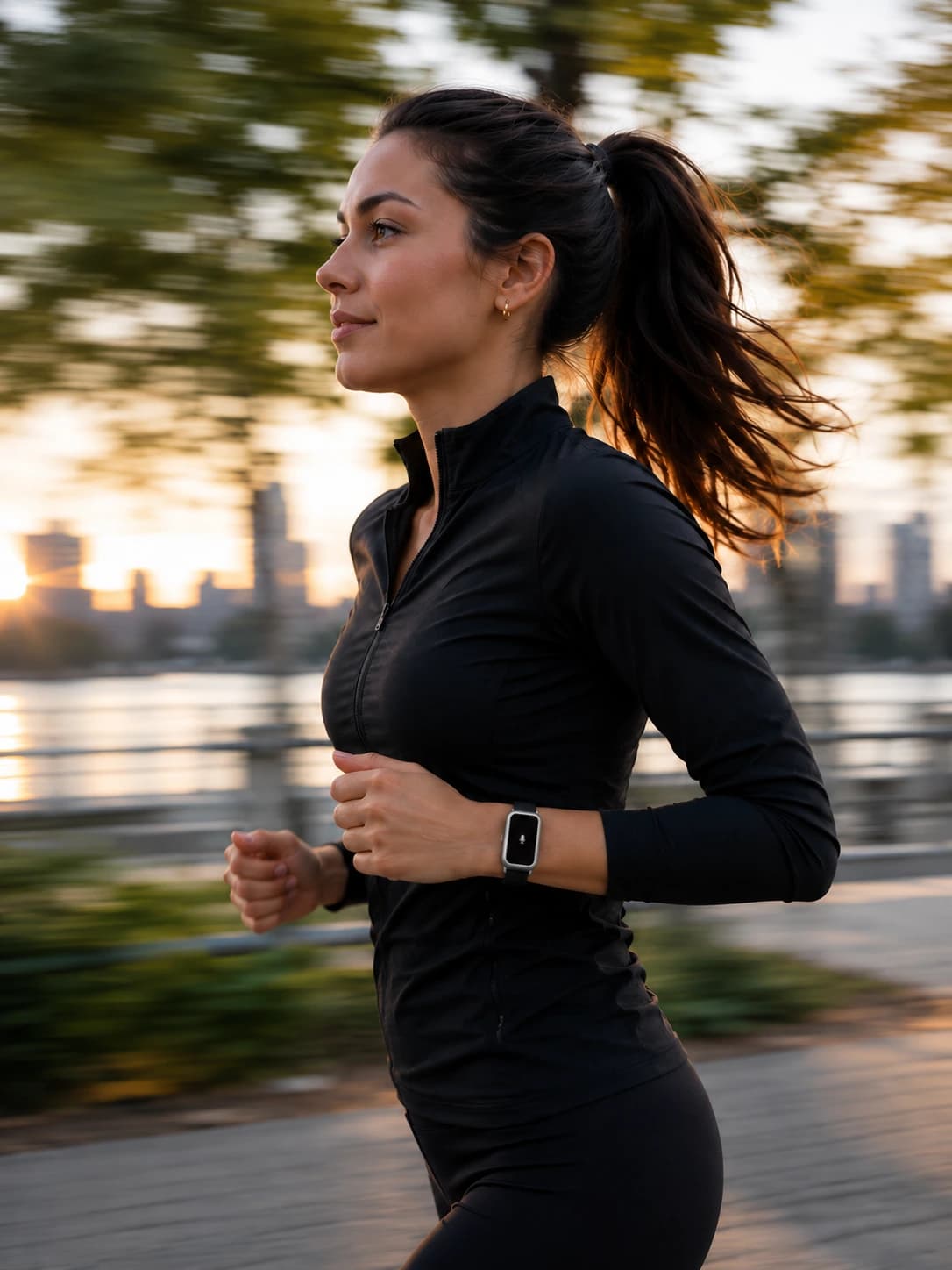 Woman running along a waterfront wearing Sonal on her wrist