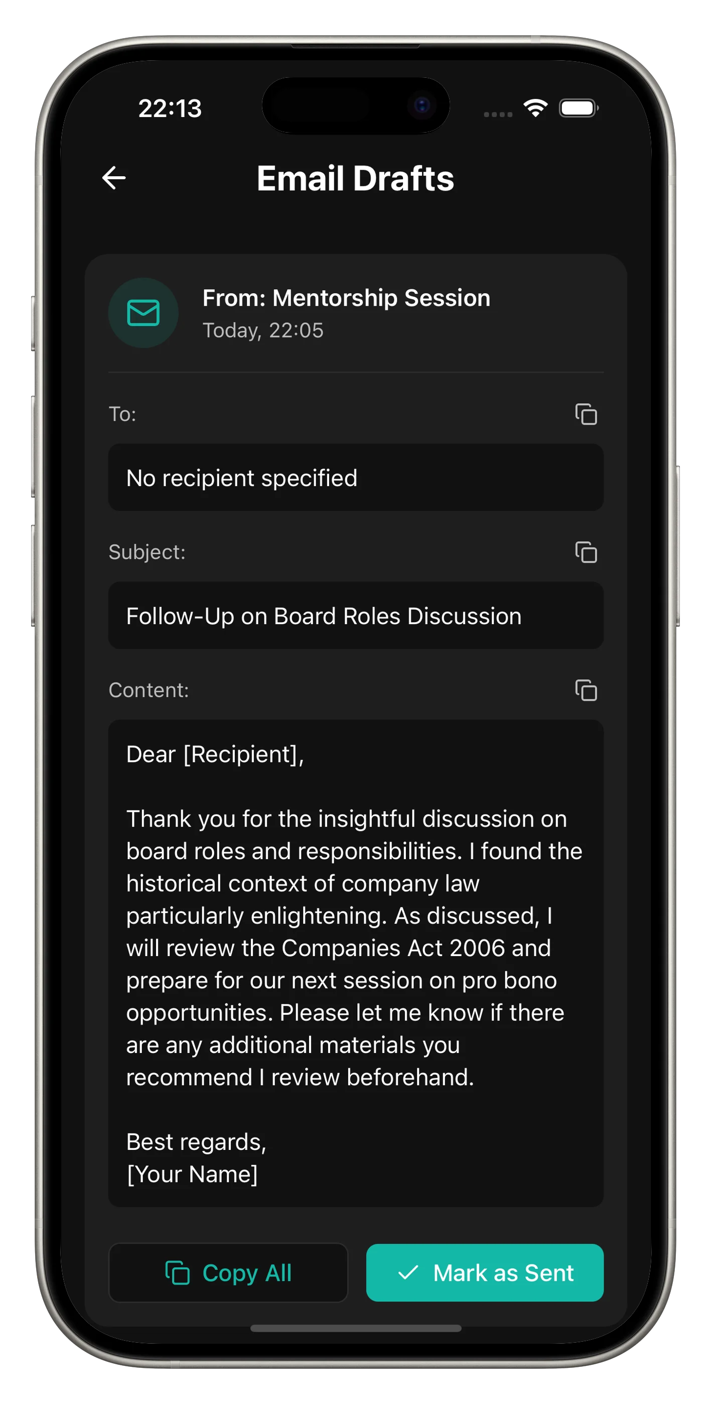Email draft waiting for review.