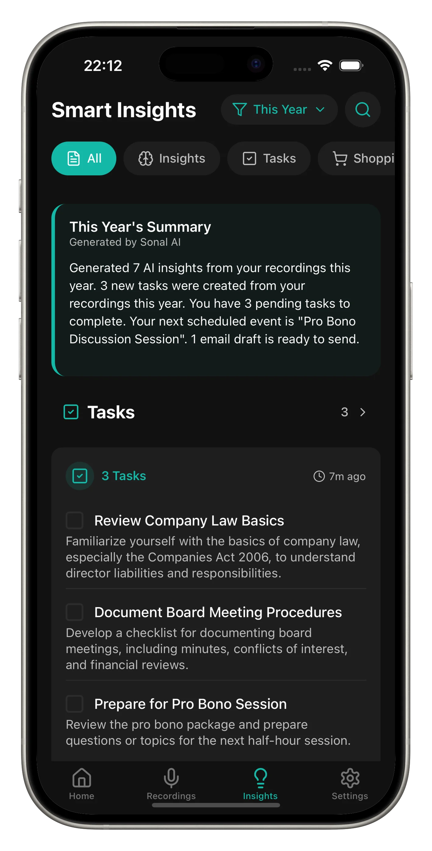 Sonal app showing insights across conversations