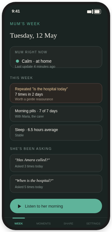 Sonal carer screen showing Mum's week and memory signals