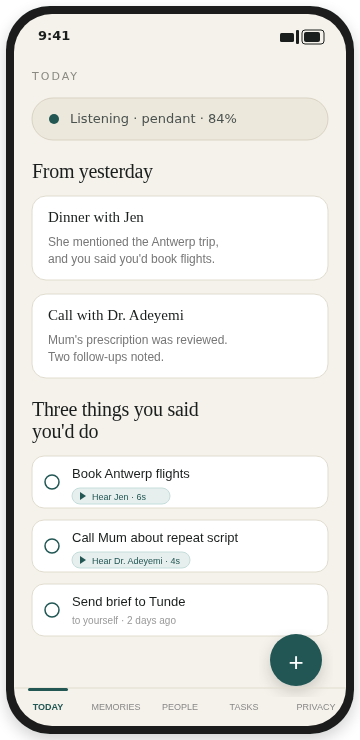 Sonal Today screen showing captured commitments